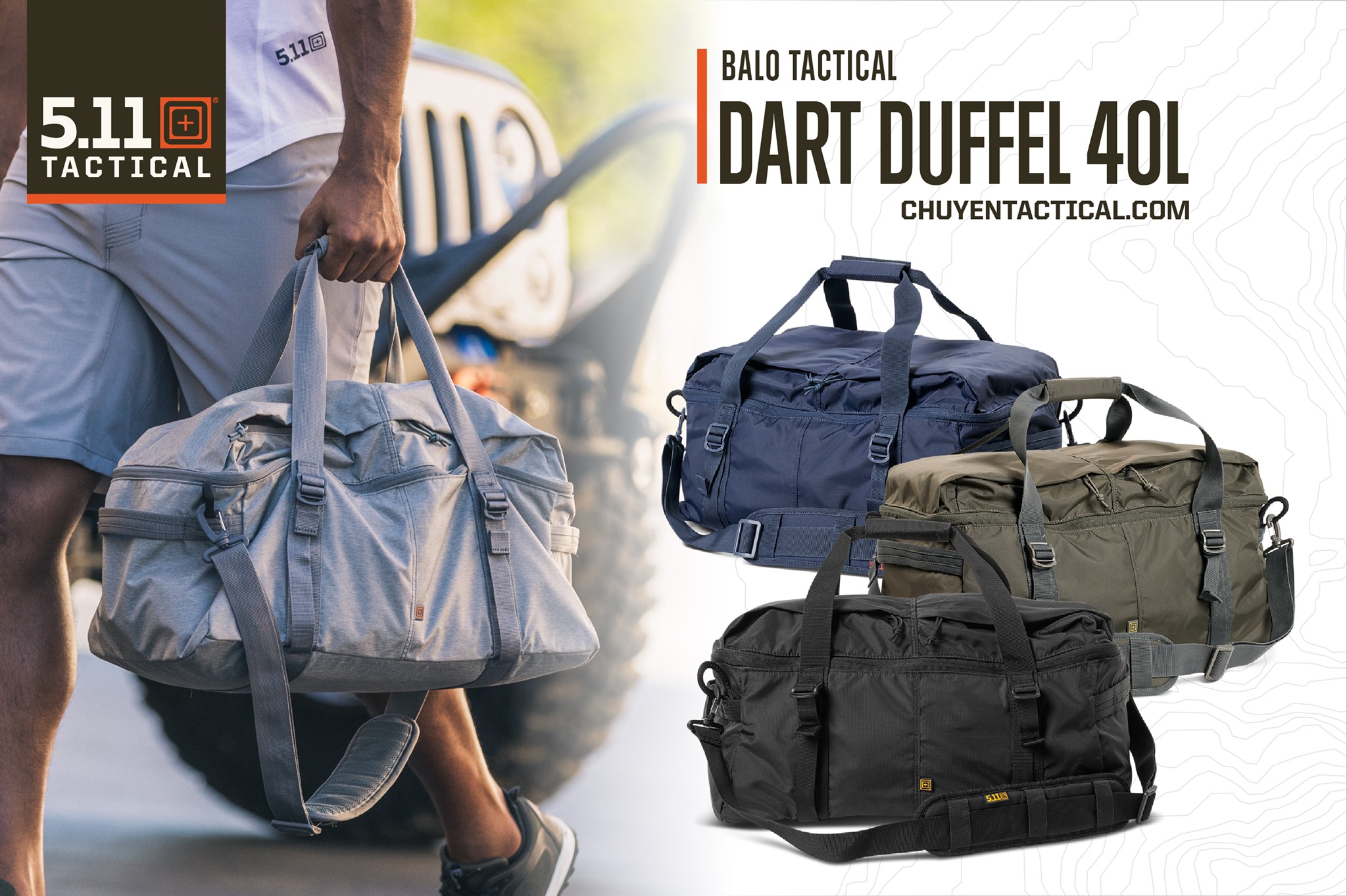 5.11 Tactical Dart Duffel Màu Lunar Heather (trái) và Night Watch, Grenade, Black (phải, từ trên xuống dưới)