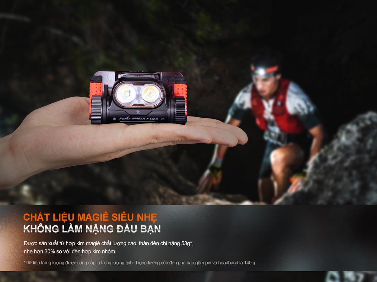 Đèn pin đội đầu chạy trail Fenix HM65R-T V2.0 có thân đèn sử dụng chất liệu hợp kim Magie Fenix HM65R-T co than den su dung chat lieu hop kim Magie