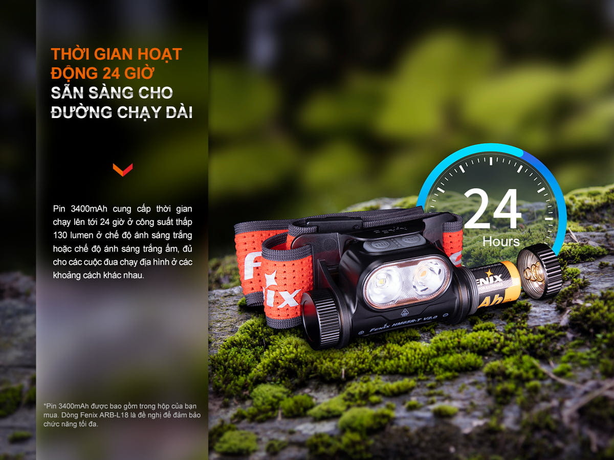 Thời lượng hoạt động lên đến 24h ở mức sáng 130 lumens Thời lượng hoạt động lên đến 24h ở mức sáng 130 lumens